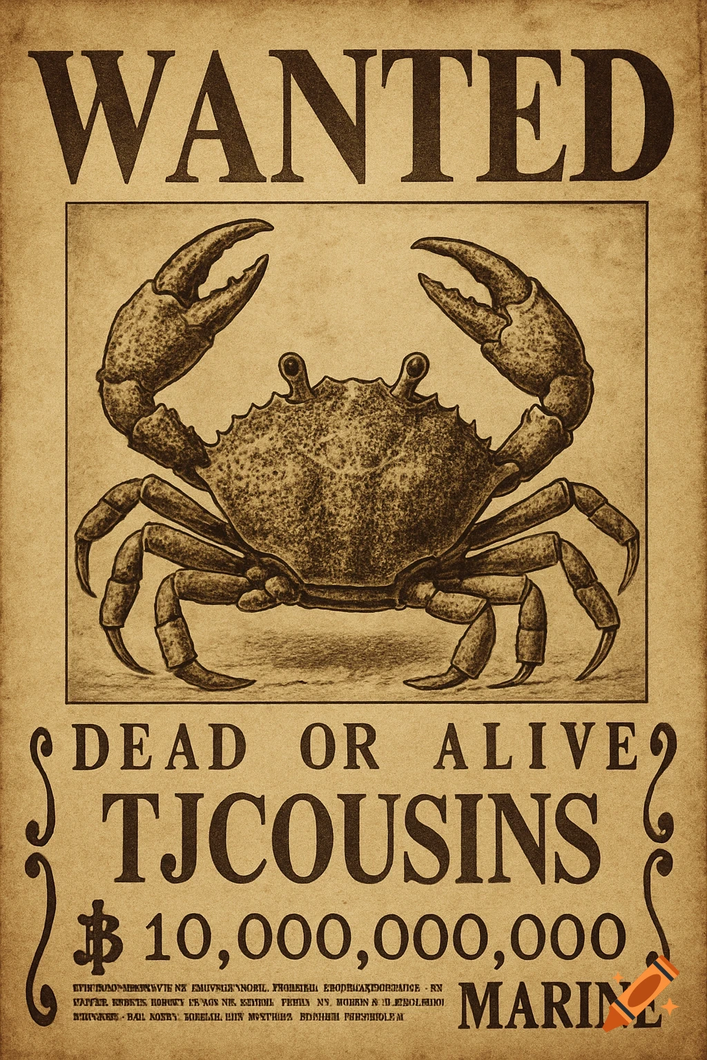 A vintage-style wanted poster with a sepia tone. The word 'WANTED' is at the top, followed by a large illustration of a crab. Below the crab, it reads 'DEAD OR ALIVE TJCOUSINS' and '$ 10,000,000,000', with some smaller, illegible text and 'MARINE' at the bottom.