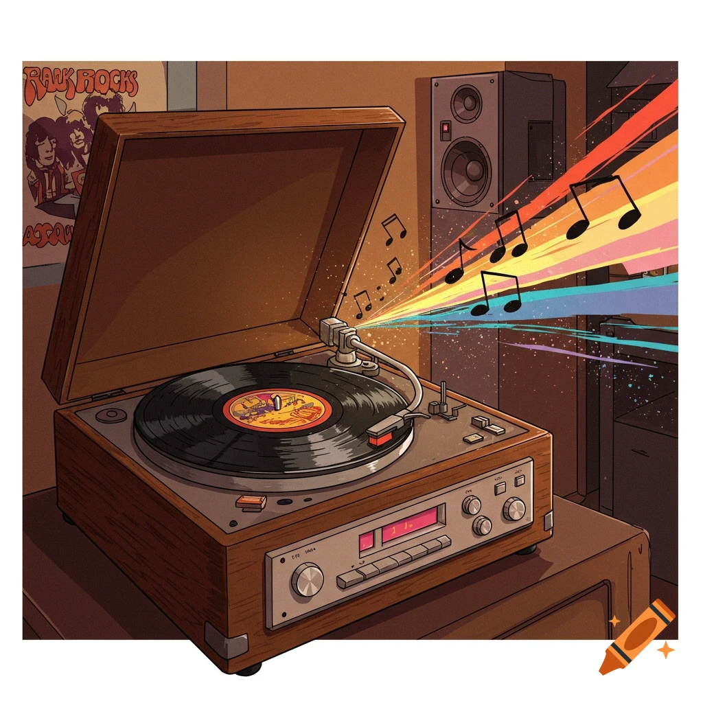 Stylized illustration of a record player with colorful musical notes and light rays emitting from the needle.