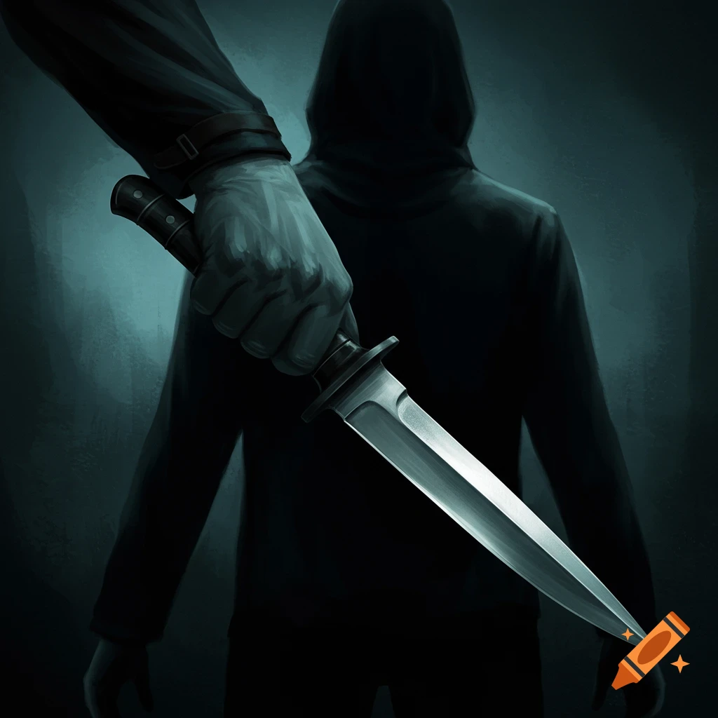 A close-up illustration of a hand holding a knife behind the back of a hooded, shadowy figure in a dark, ominous setting.