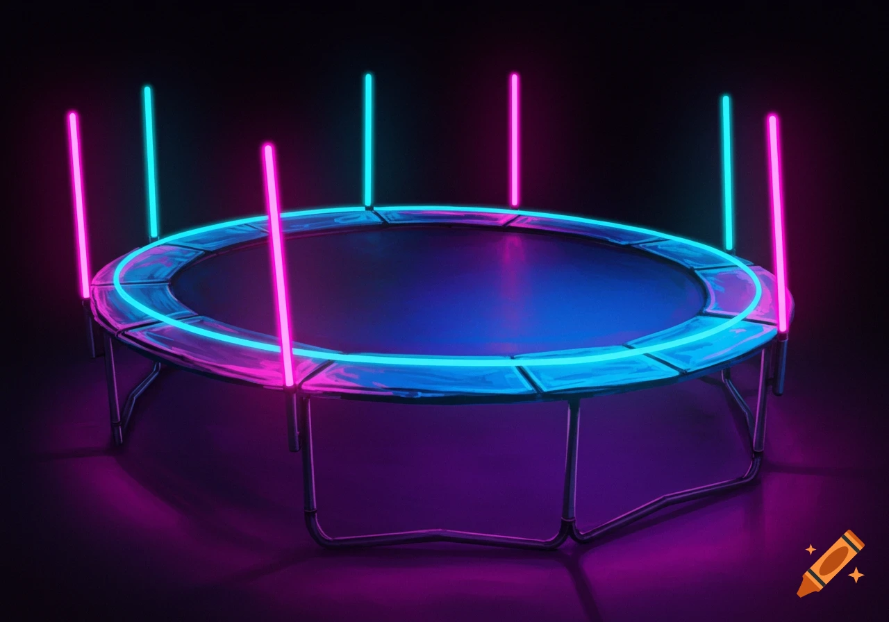 A trampoline illuminated with vibrant blue and pink neon lights against a dark background.