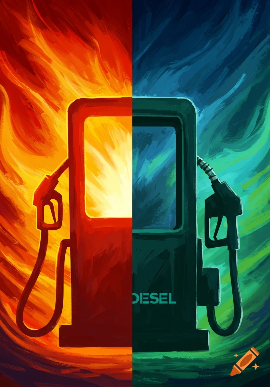 A gas pump split vertically. The left side is red and orange with flames. The right side is blue and green, labeled DIESEL. Painterly style.
