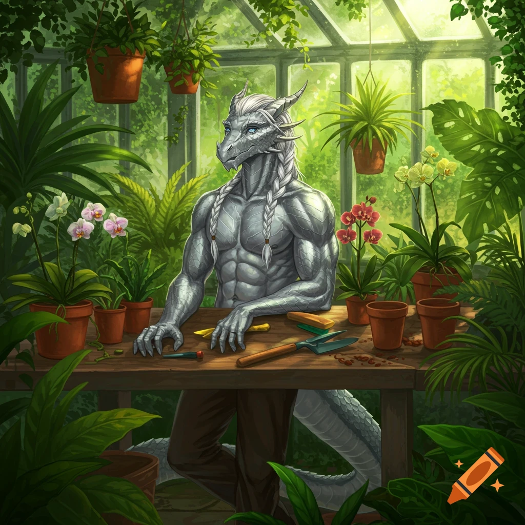A silver dragonborn man with braided hair sits at a table in a lush greenhouse, surrounded by plants and gardening tools.