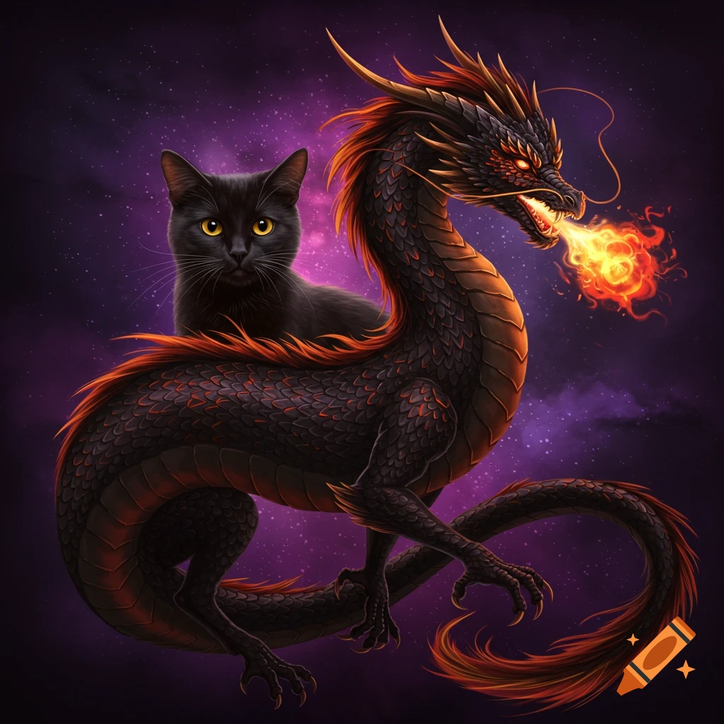 A black cat with glowing yellow eyes sits atop a black fantasy dragon breathing fire against a purple starry sky.