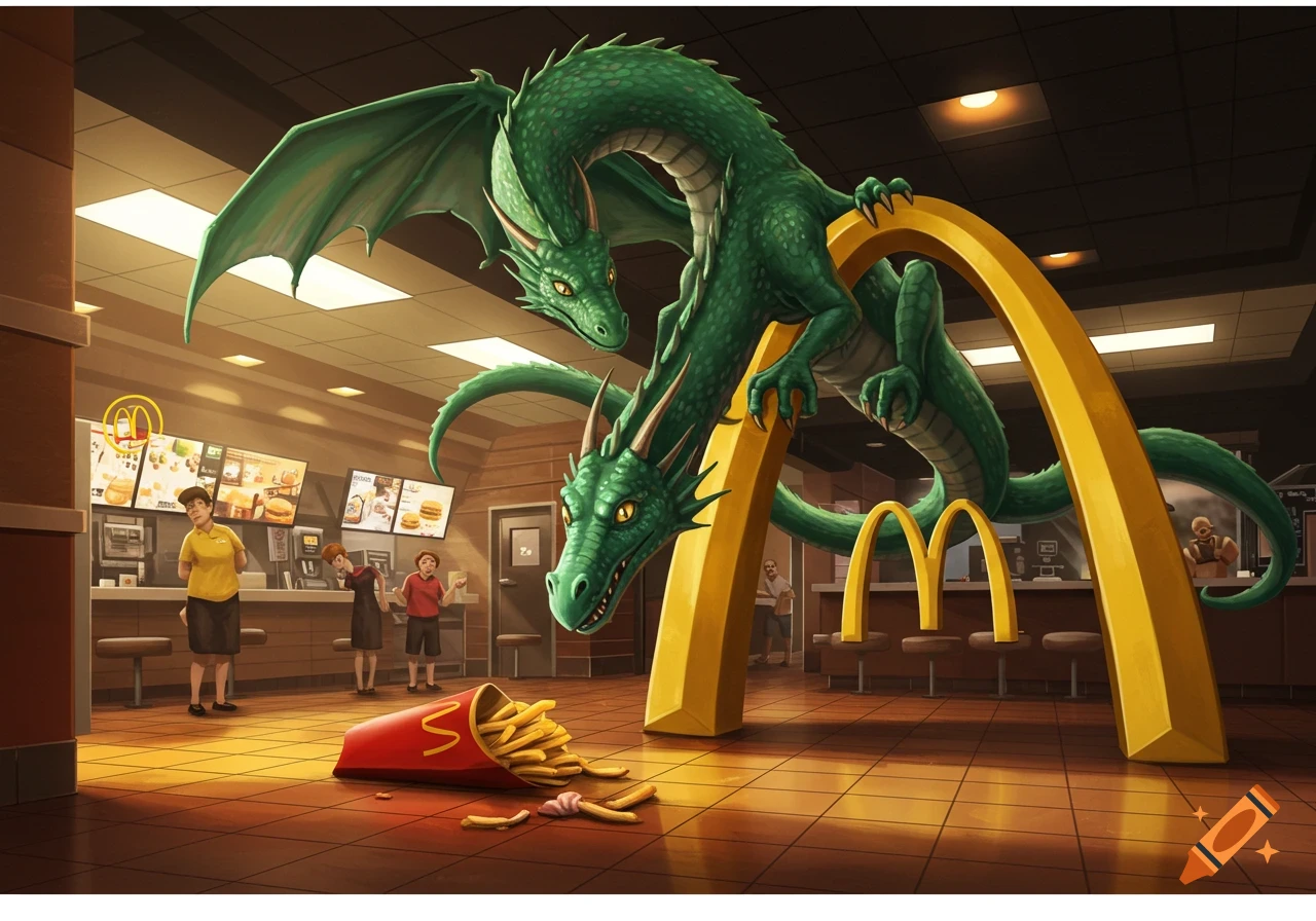 Two large green dragons interacting with giant golden arches and spilled fries inside a McDonald's restaurant, with staff and customers in the background, in an illustrative style.