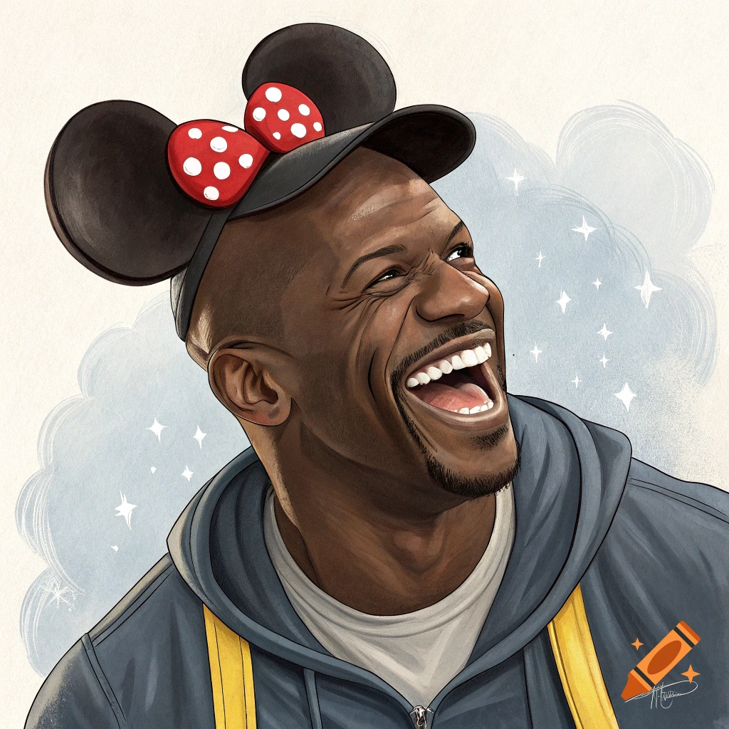 Cartoon illustration of Terry Crews wearing Minnie Mouse ears, laughing and looking up.