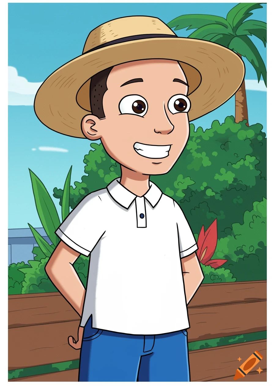 A cartoon boy in a straw hat, white polo shirt, and blue pants smiles outdoors with green foliage and a palm tree.