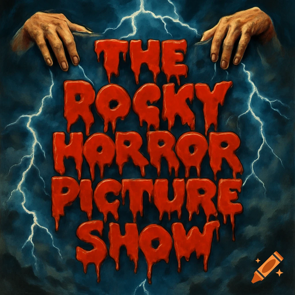 The Rocky Horror Picture Show title in dripping red font, with hands reaching from the top and lightning in the background.