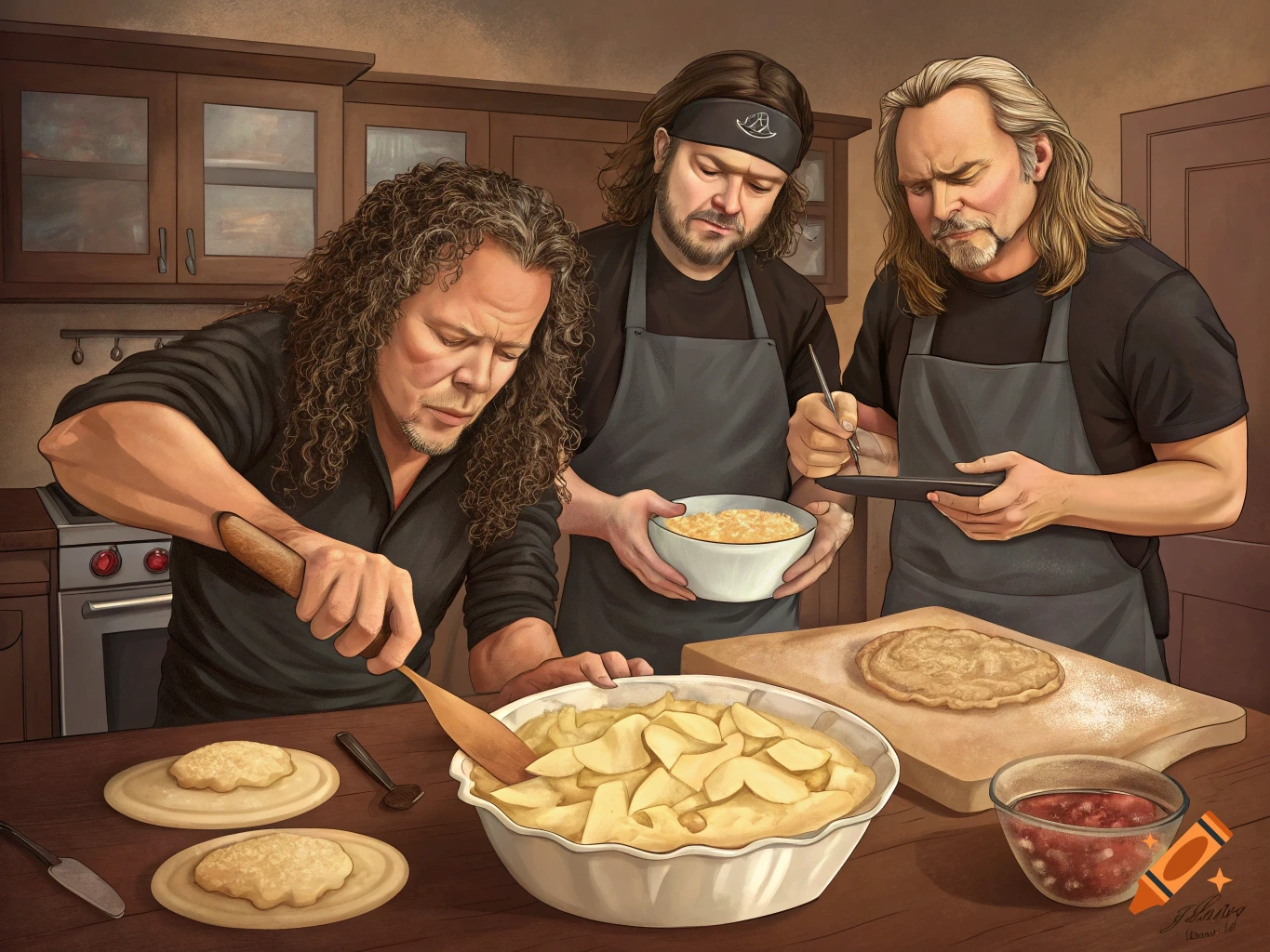 Three men resembling Metallica members preparing an apple pie in a kitchen, drawn in an illustrative style.