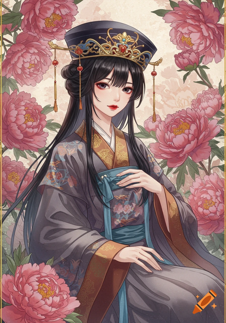 Anime girl with black hair and a pale face, wearing a dark hanfu and an ornate hat, surrounded by pink peonies.