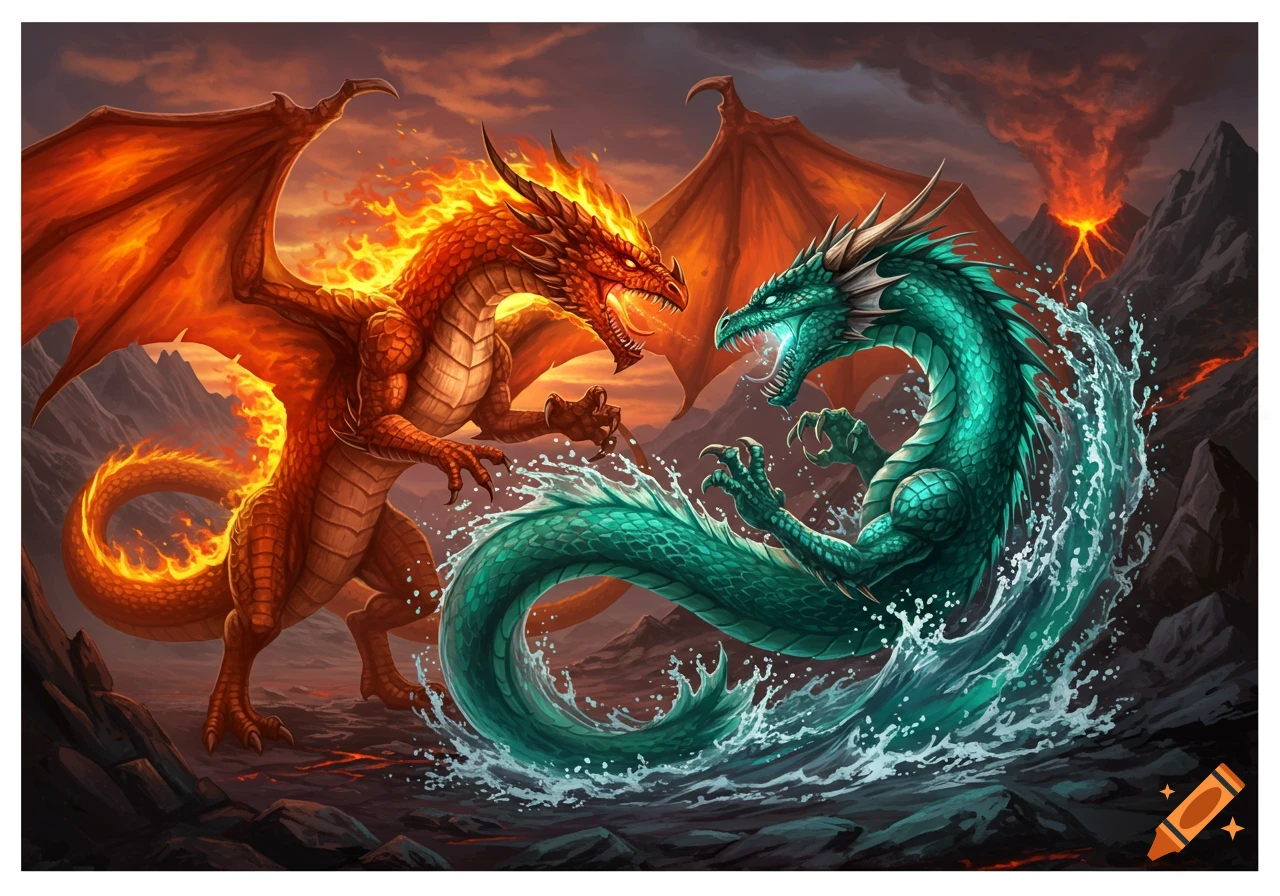 An epic illustration of a red fire dragon battling a green water dragon in a fiery, volcanic landscape.