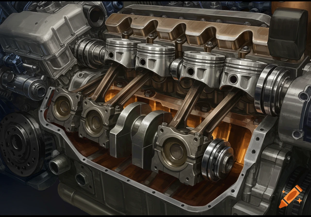 Detailed cutaway illustration of a diesel engine, showing pistons, connecting rods, and crankshaft.