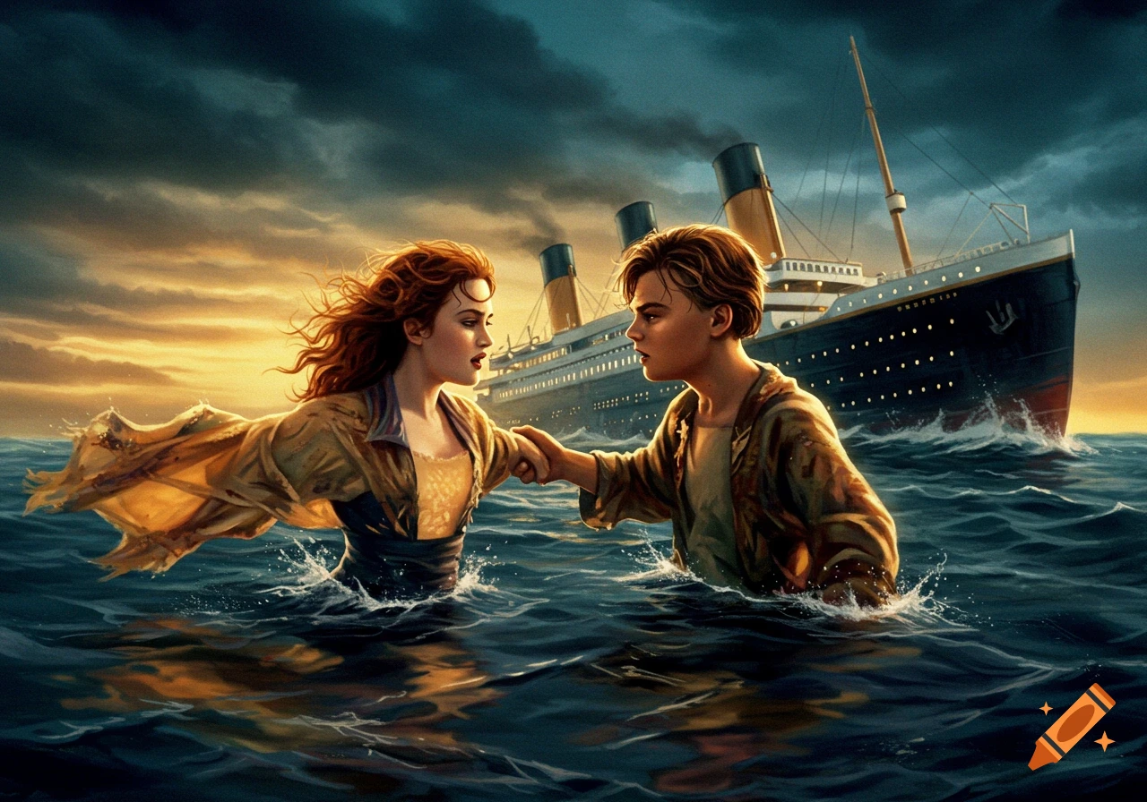 Digital painting of a man and a woman, resembling Jack and Rose from Titanic, reaching for each other in the ocean with the ship behind them under a dramatic sky.