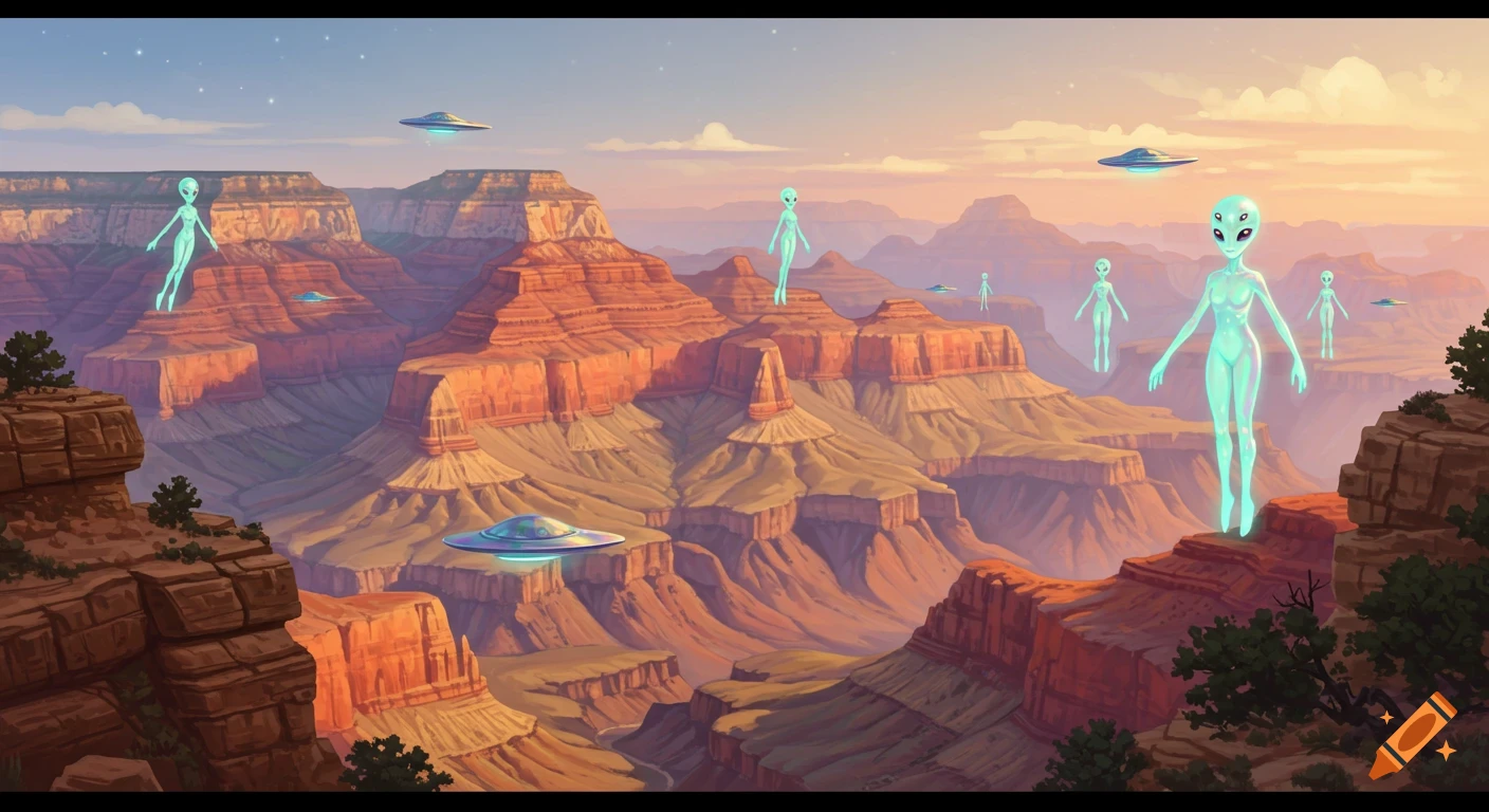 Stylized illustration of multiple glowing teal aliens and flying saucers in the Grand Canyon at sunset.