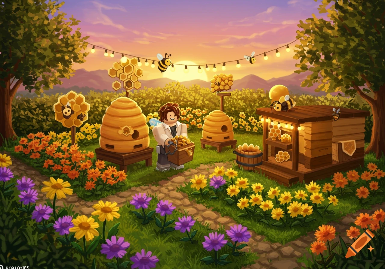A Roblox-style character collects honey in a vibrant, bee-themed garden with beehives, flowers, and string lights at sunset.