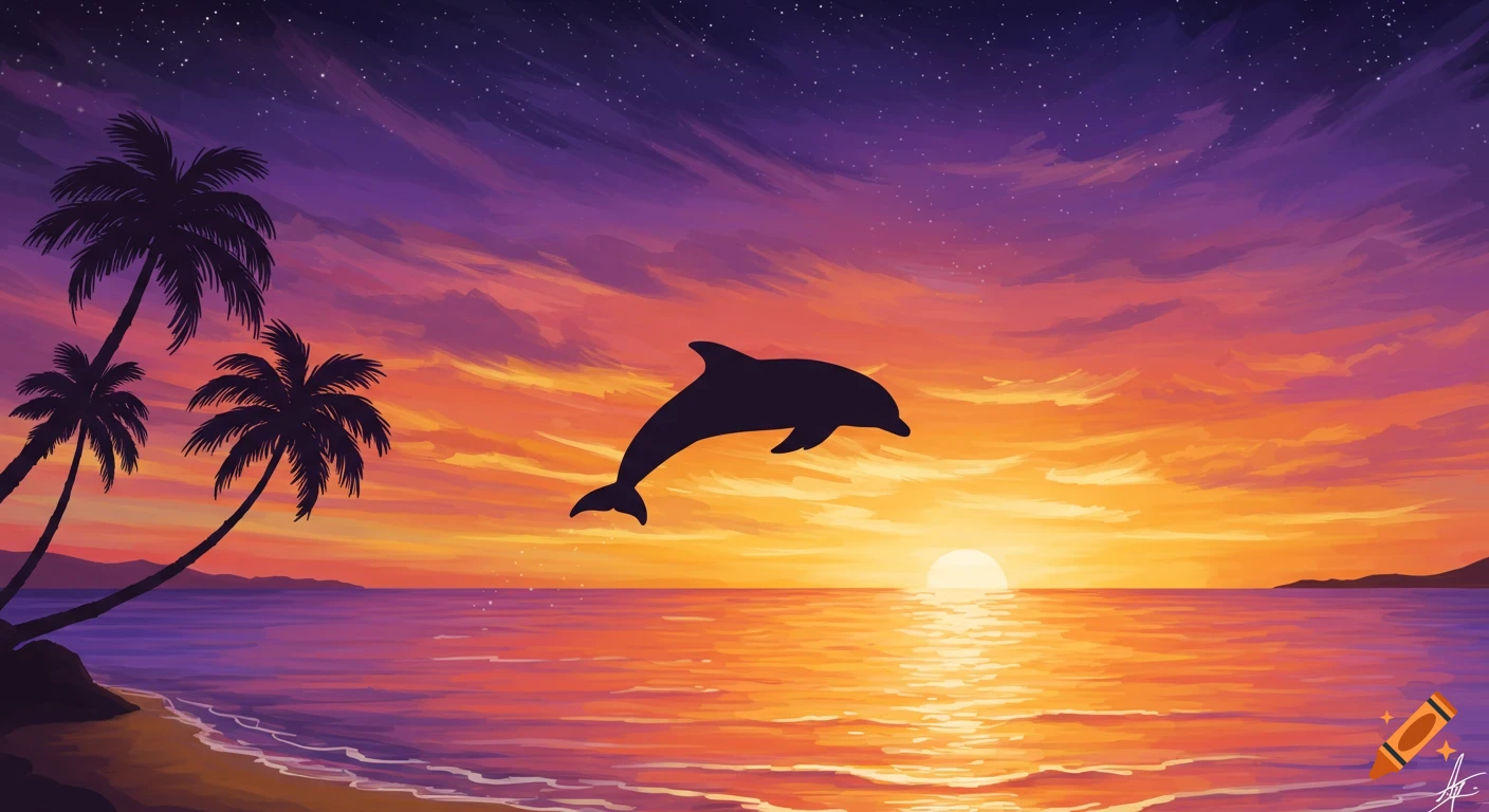 A silhouette of a dolphin leaps from the ocean at sunset, with vibrant orange, purple, and blue skies, and palm trees on a tropical beach.