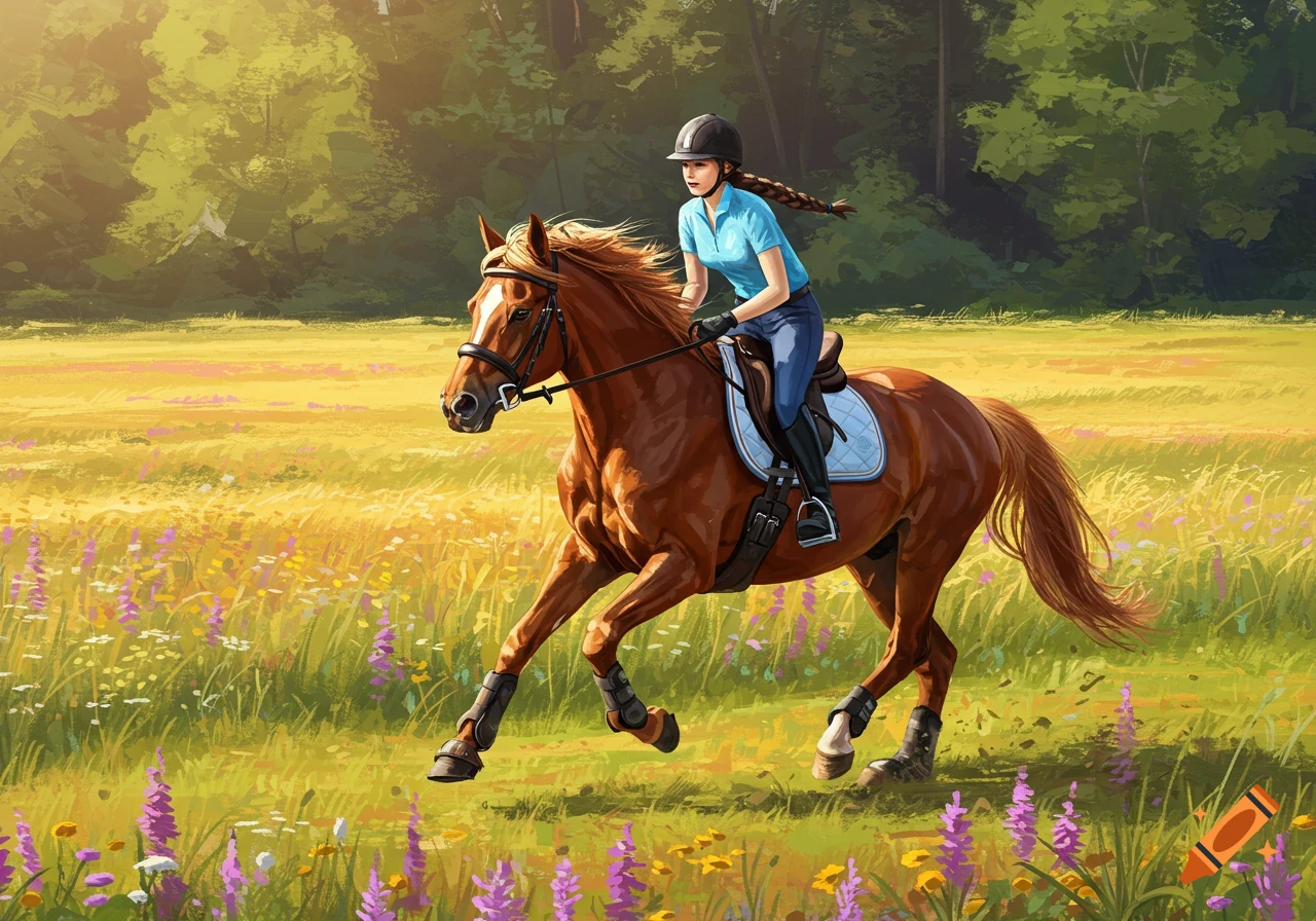 A woman in equestrian gear rides a brown horse through a sunlit field of wildflowers and green trees in a painterly style.
