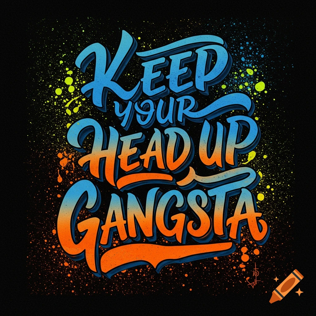 Stylized text "Keep your head up gangsta" in blue and orange with a splatter paint background.