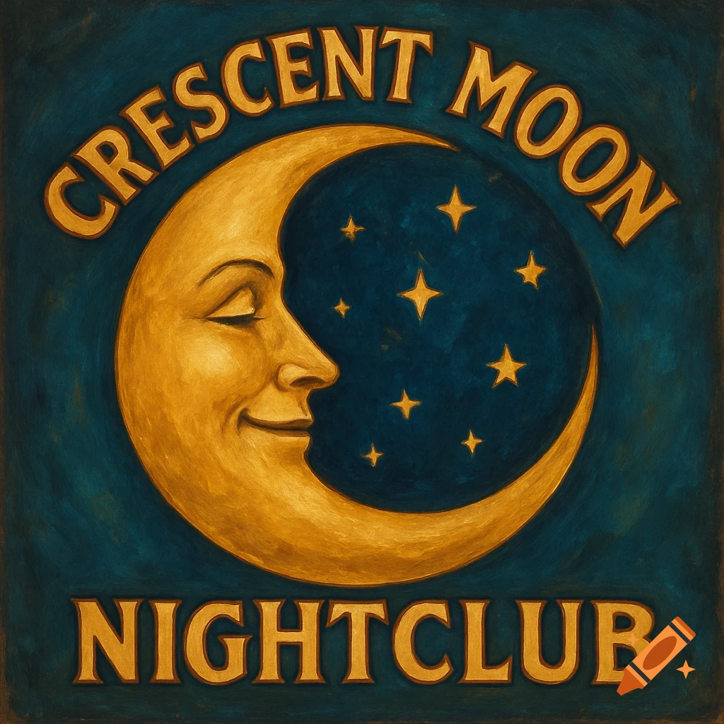 A vintage-style logo with a smiling crescent moon, stars, and text 'Crescent Moon Nightclub' on a dark blue background.