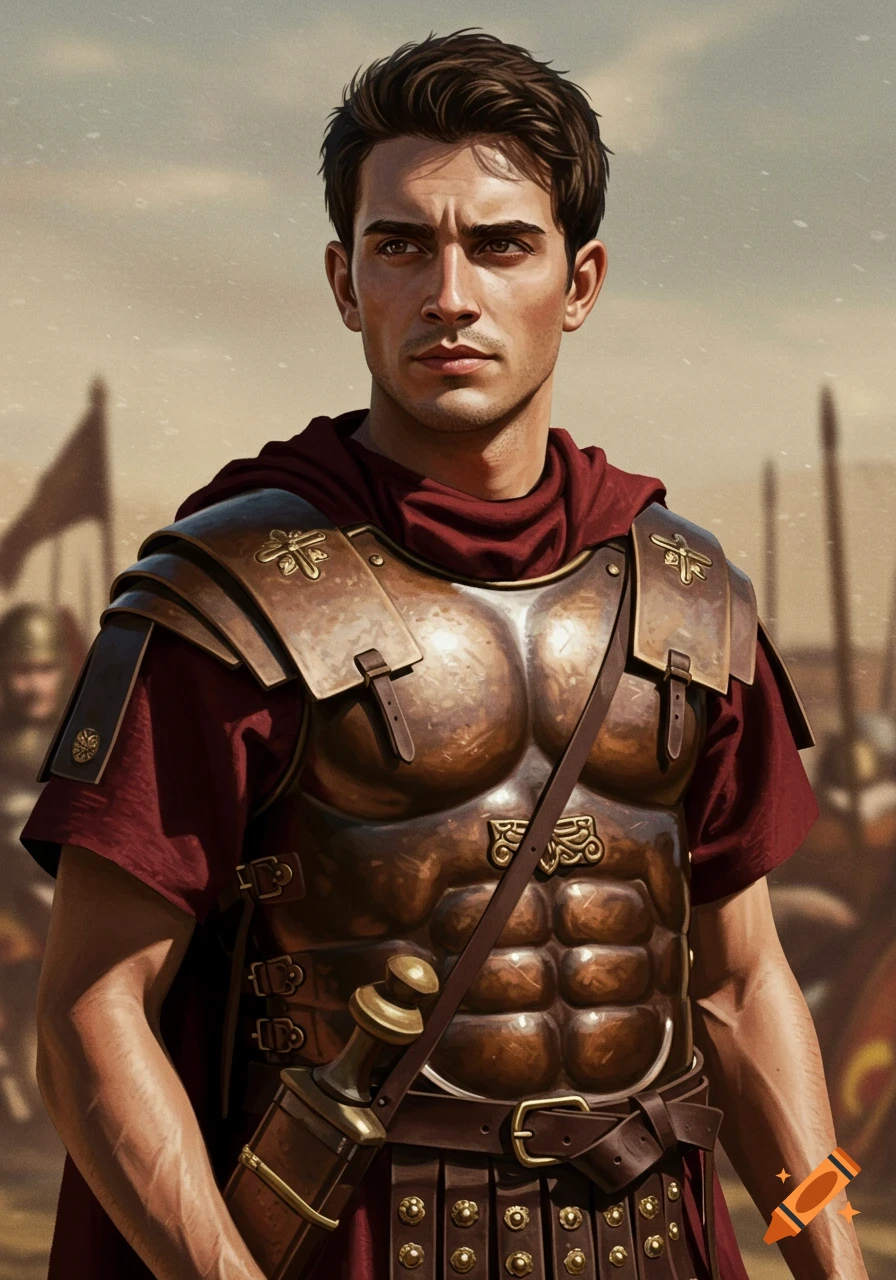 A handsome young man in Roman legionary armor, with a red cloak and stern expression, looks forward in a historical setting.