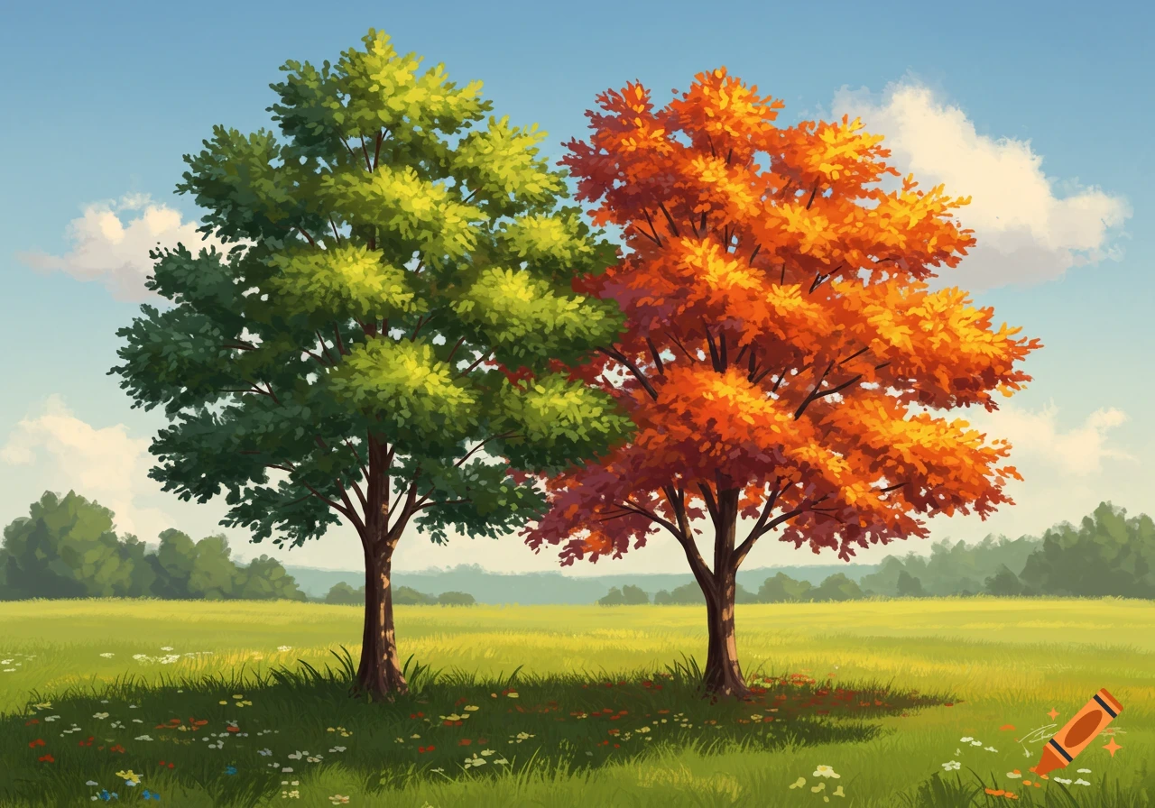 Two trees, one with green leaves and one with orange leaves, stand in a vibrant green field under a blue sky.