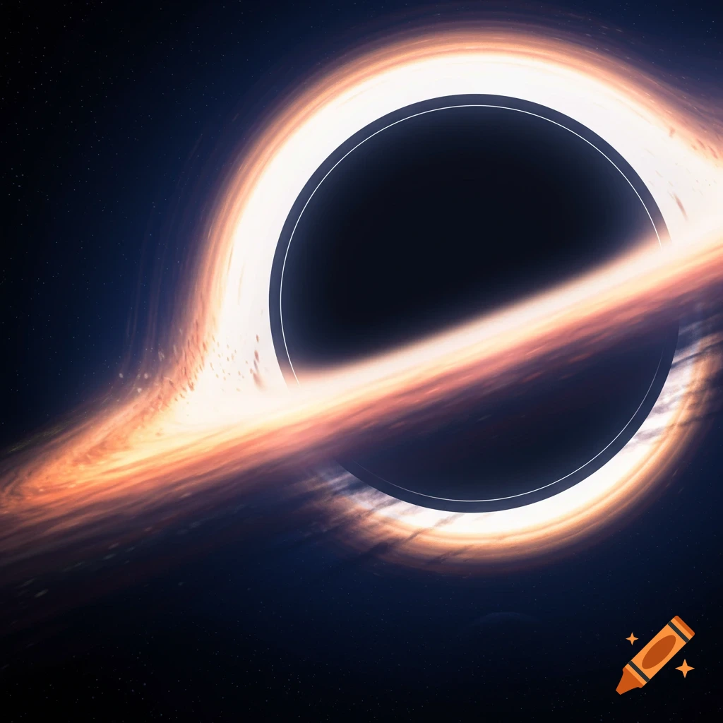 A photorealistic image of a black hole with a bright, fiery orange and yellow accretion disk in space.