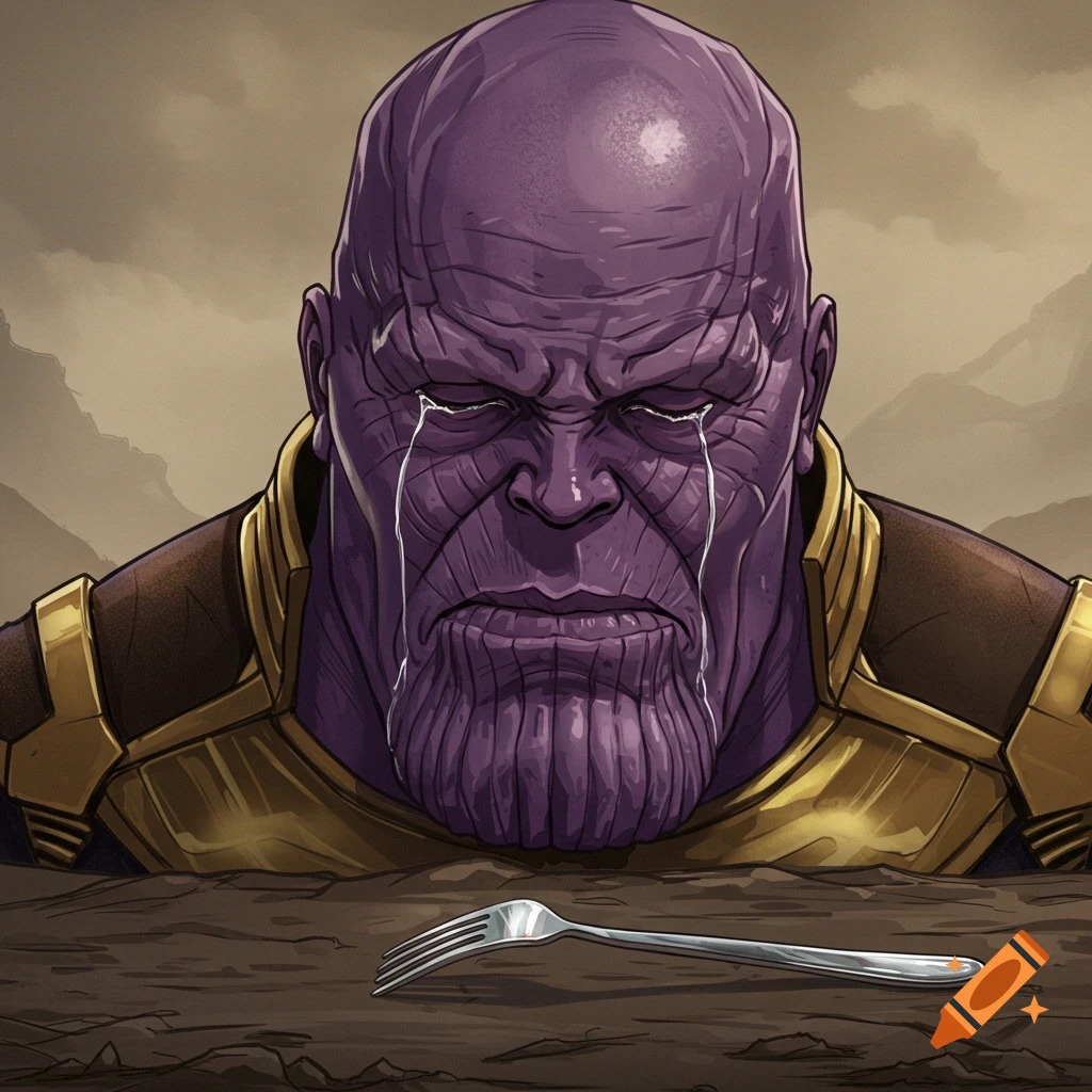 Comic illustration of a crying purple Thanos looking down at a fork on the ground in a desolate landscape.