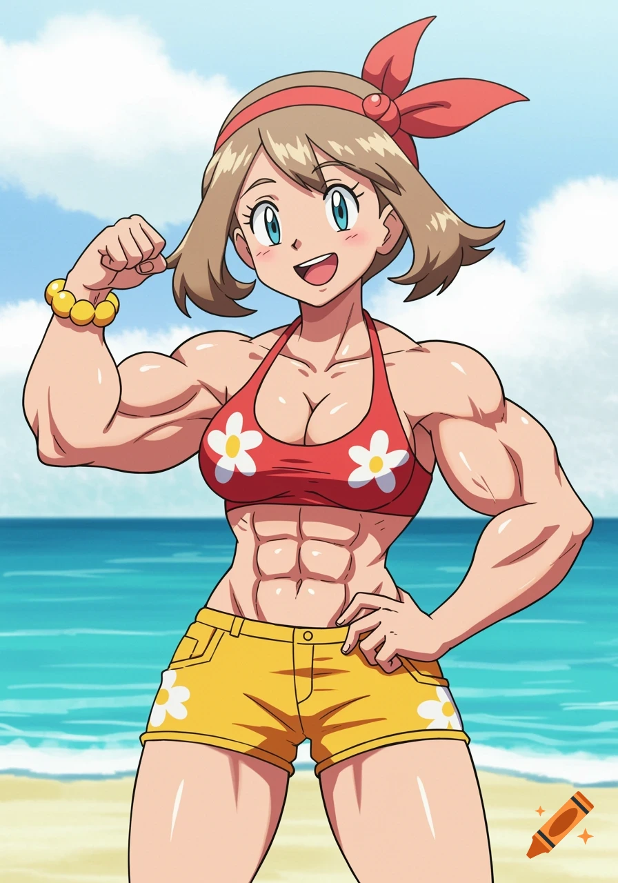 Anime character May from Pokemon, muscular and flexing, wearing a red bikini top and yellow shorts on a beach.