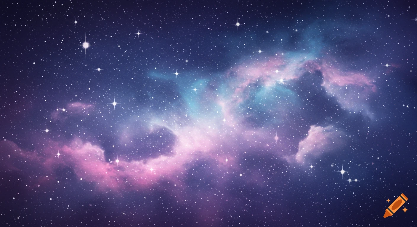 A colorful cosmic background filled with sparkling stars and swirling pink and blue nebulae.