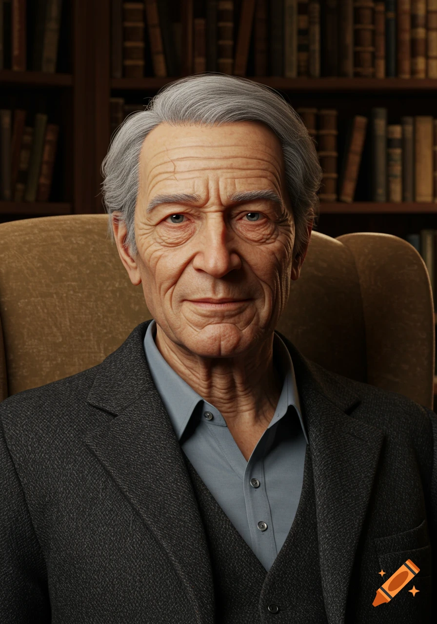 A photorealistic portrait of an elderly man with grey hair and a wrinkled face, sitting in a chair in a library.