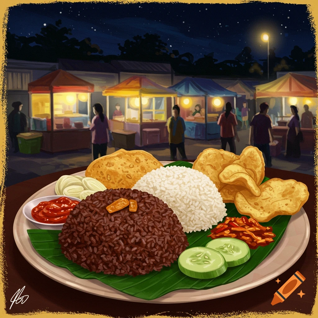 Illustration of a plate of Nasi Lemak with fried items and cucumber, in front of a vibrant night market with food stalls.