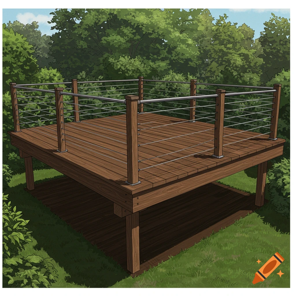An illustrated wooden deck with cable railing surrounded by green trees and grass under a blue sky.