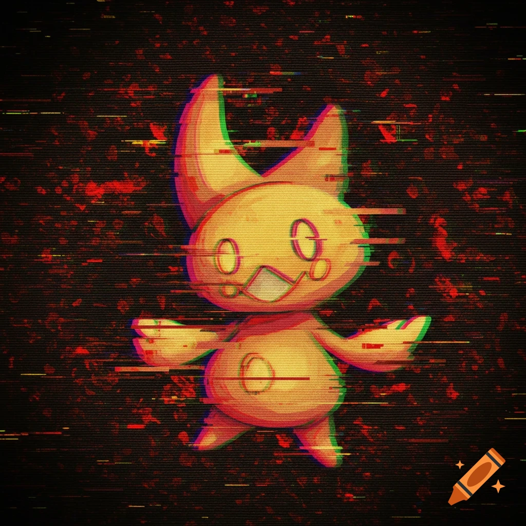 A glitchy, distorted yellow and orange Pokémon character with large ears and a wide grin, against a black background with red static.