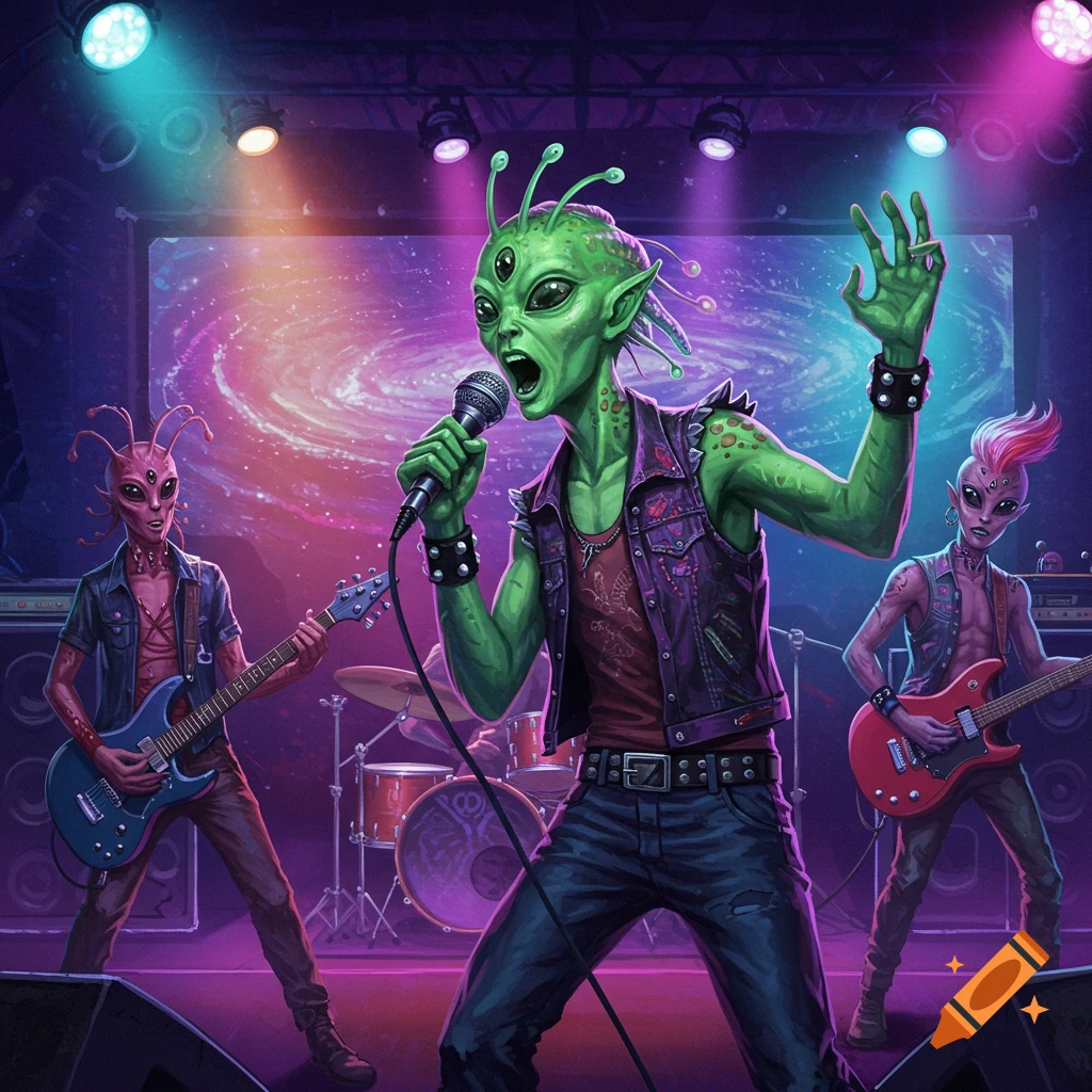 Green and pink aliens perform on stage in a rock band, under colorful spotlights.