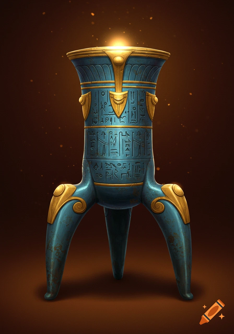 A radiant blue and gold ancient artifact with three legs and intricate hieroglyphic carvings, against a dark background.