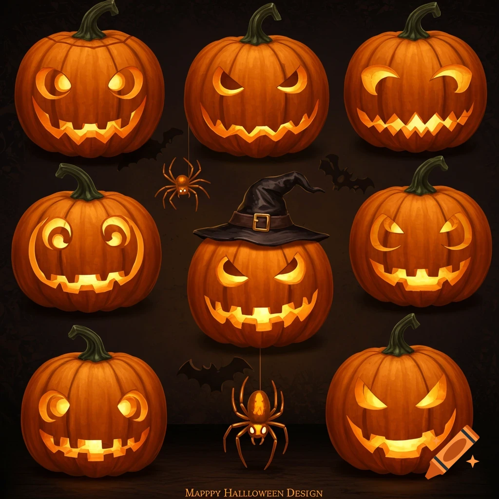 A collage of eight carved Halloween pumpkins with different glowing jack-o'-lantern faces, along with two spiders and bats in the dark background.