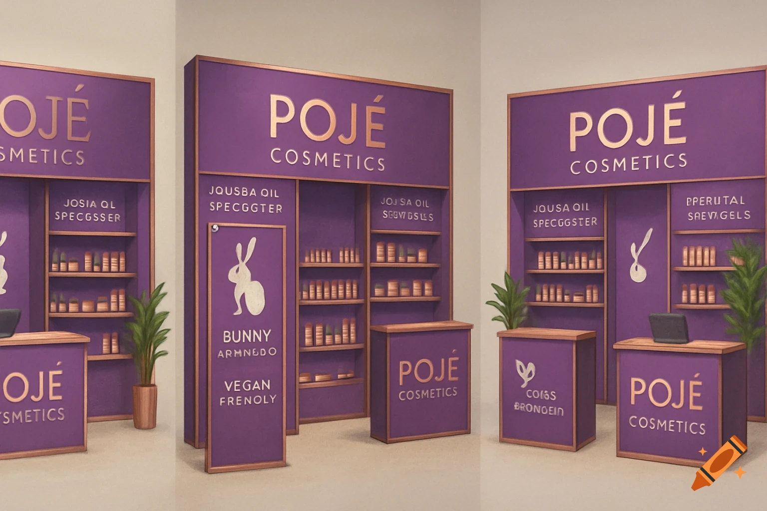 Three retail vendor booths for POJ É Cosmetics in purple and rose gold, featuring shelves of products and counters.