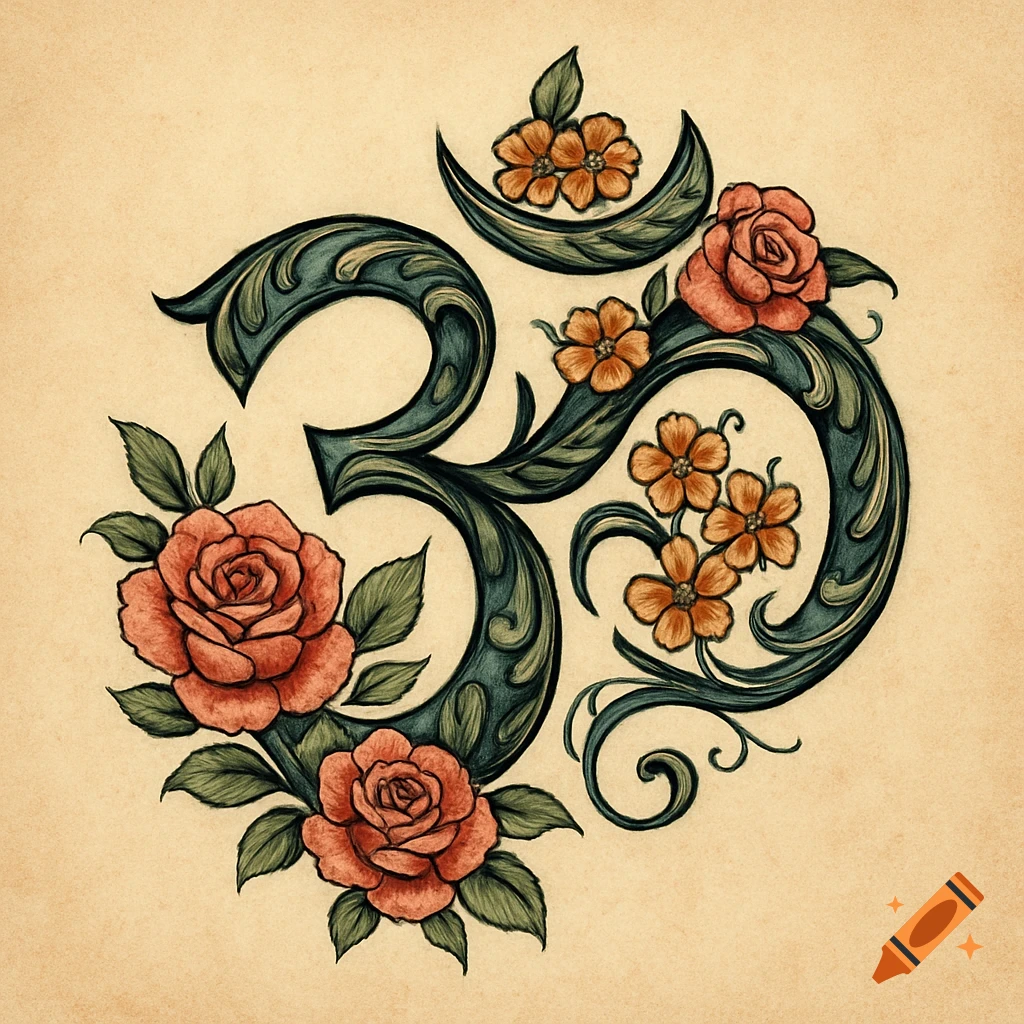 Tattoo-style illustration of a green Om symbol adorned with red roses and orange flowers on a beige background.