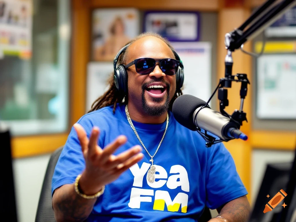 A man with dreadlocks, sunglasses, and headphones, wearing a blue 'Yea FM' t-shirt, speaks into a microphone in a radio studio.