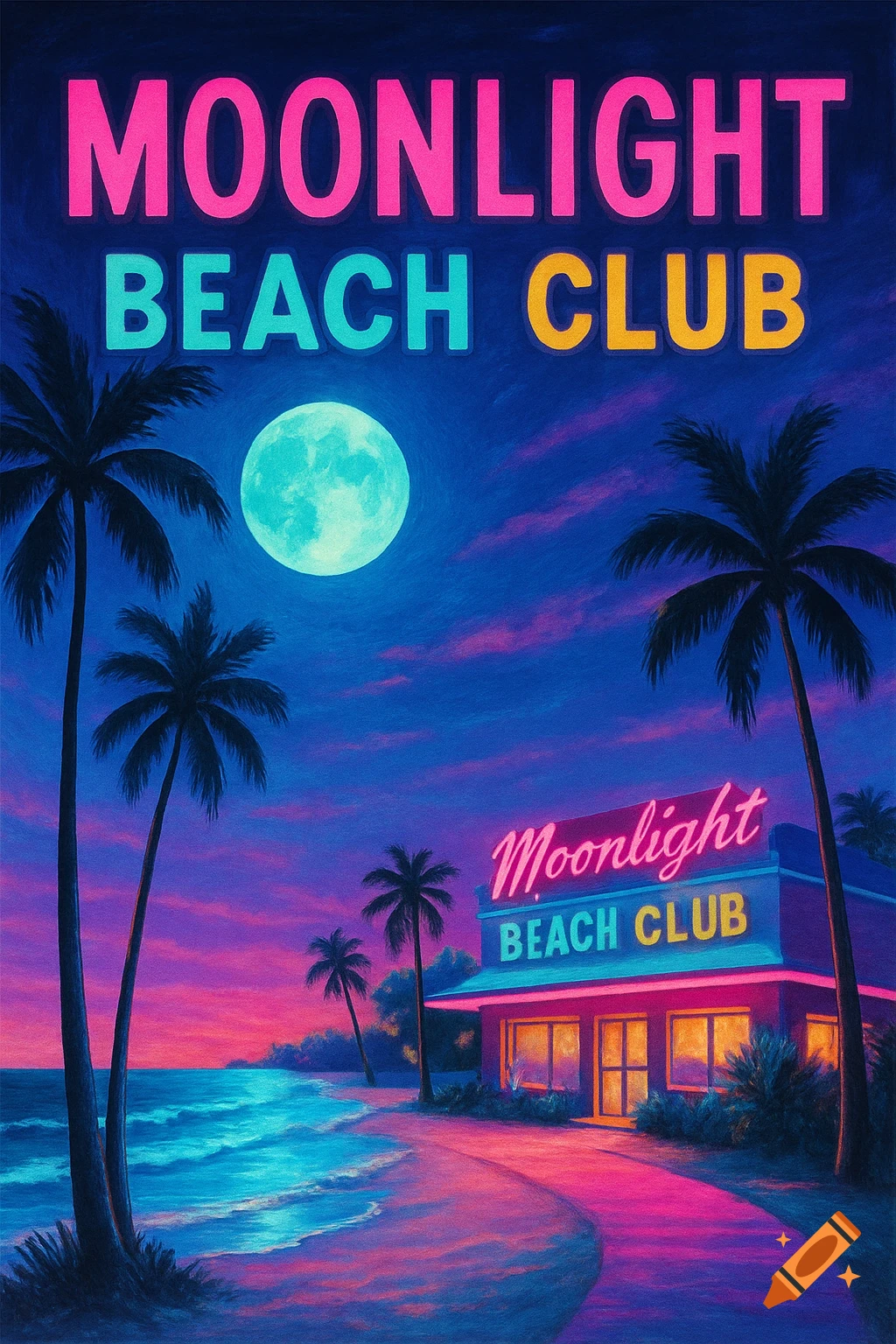 A neon-lit beach club under a full moon with palm trees, in a vibrant vaporwave style.
