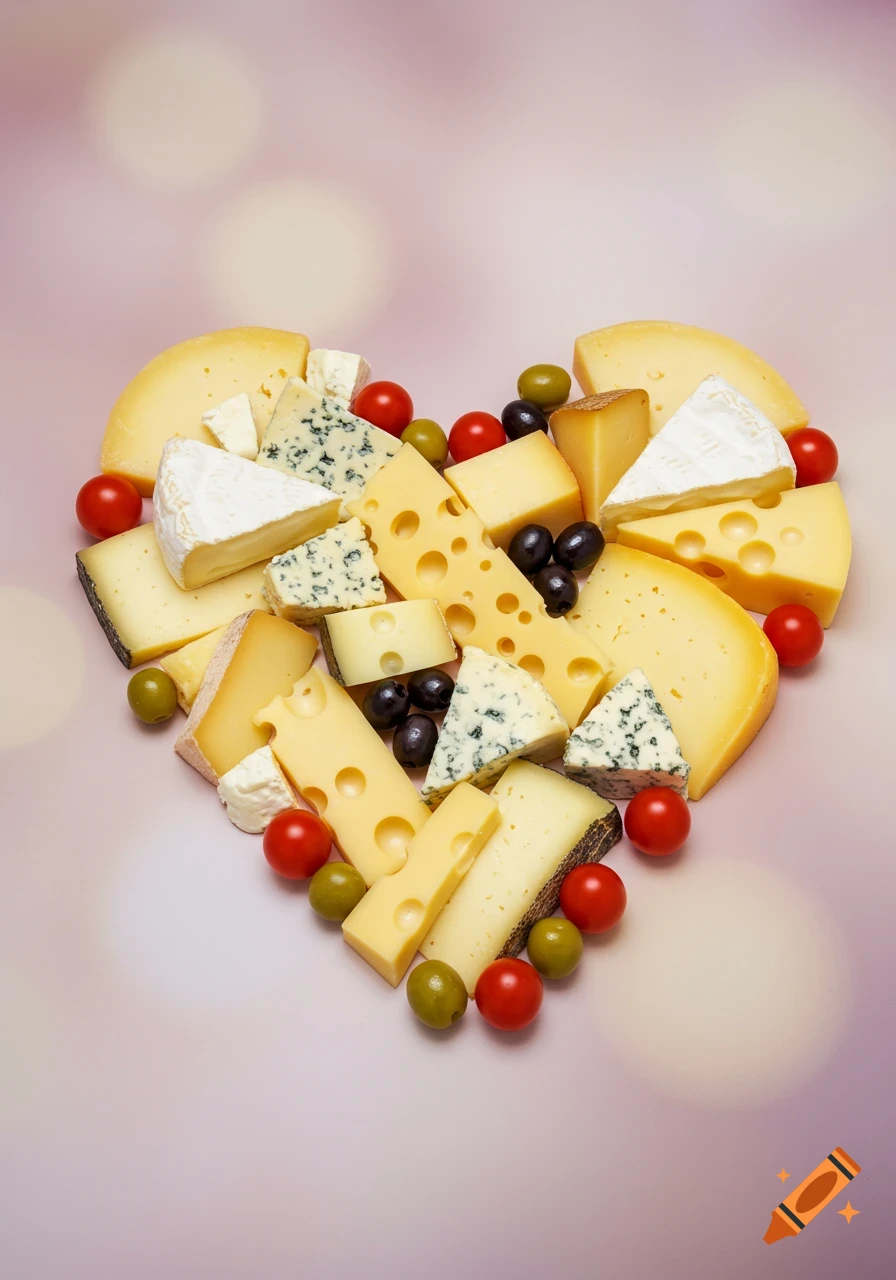 A top-down view of a variety of cheeses, red tomatoes, and green and black olives arranged in a heart shape on a light background.