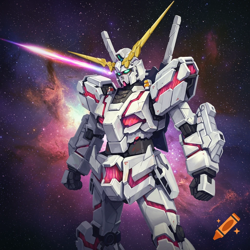 A white Unicorn Gundam mecha with red accents stands in a vibrant purple and pink nebula, a beam of light shooting from its head.