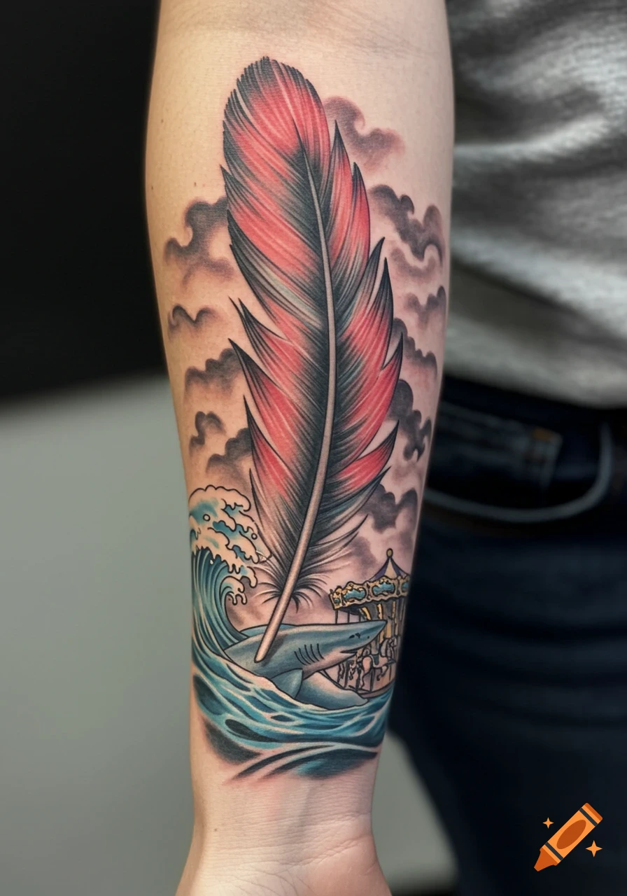 Detailed forearm tattoo featuring a large red and black feather, with a shark in waves and a carousel.