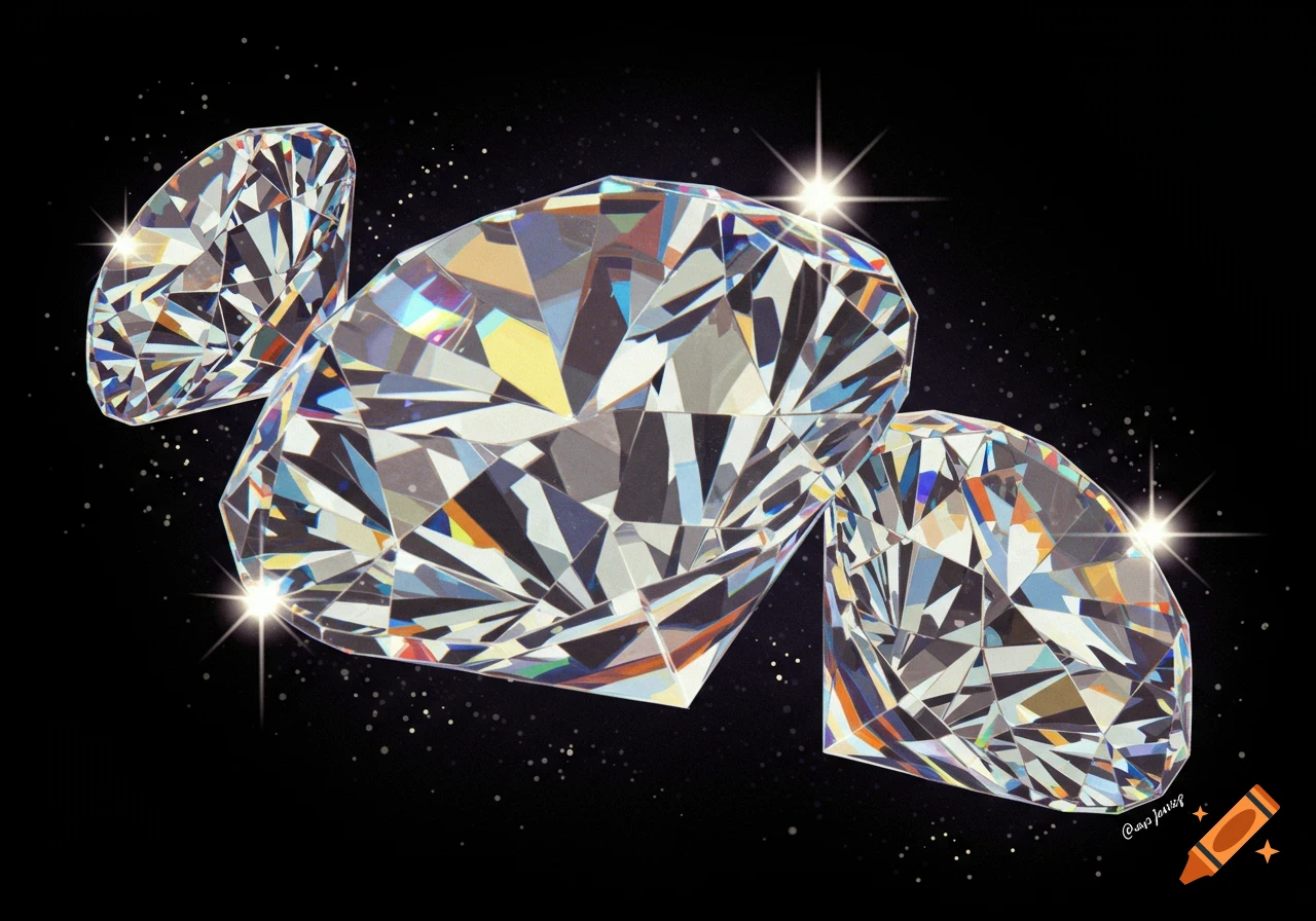 Three brilliant-cut diamonds sparkle against a dark, starry background.