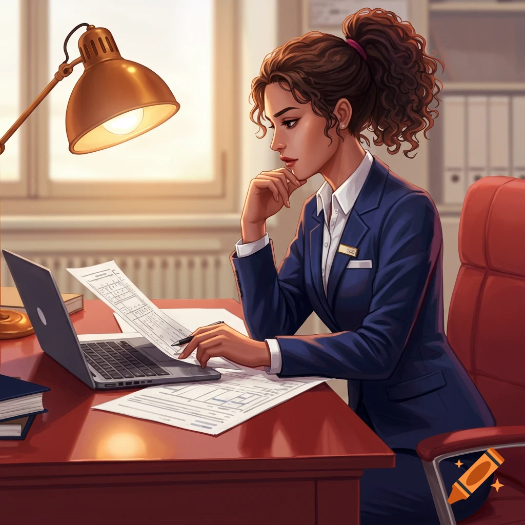An illustration of a professional woman with curly hair working at a desk with a laptop and documents.