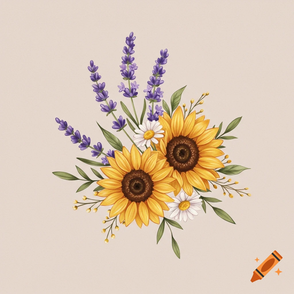 A watercolor illustration of a bouquet featuring sunflowers, lavender stalks, and white daisies on a light background.