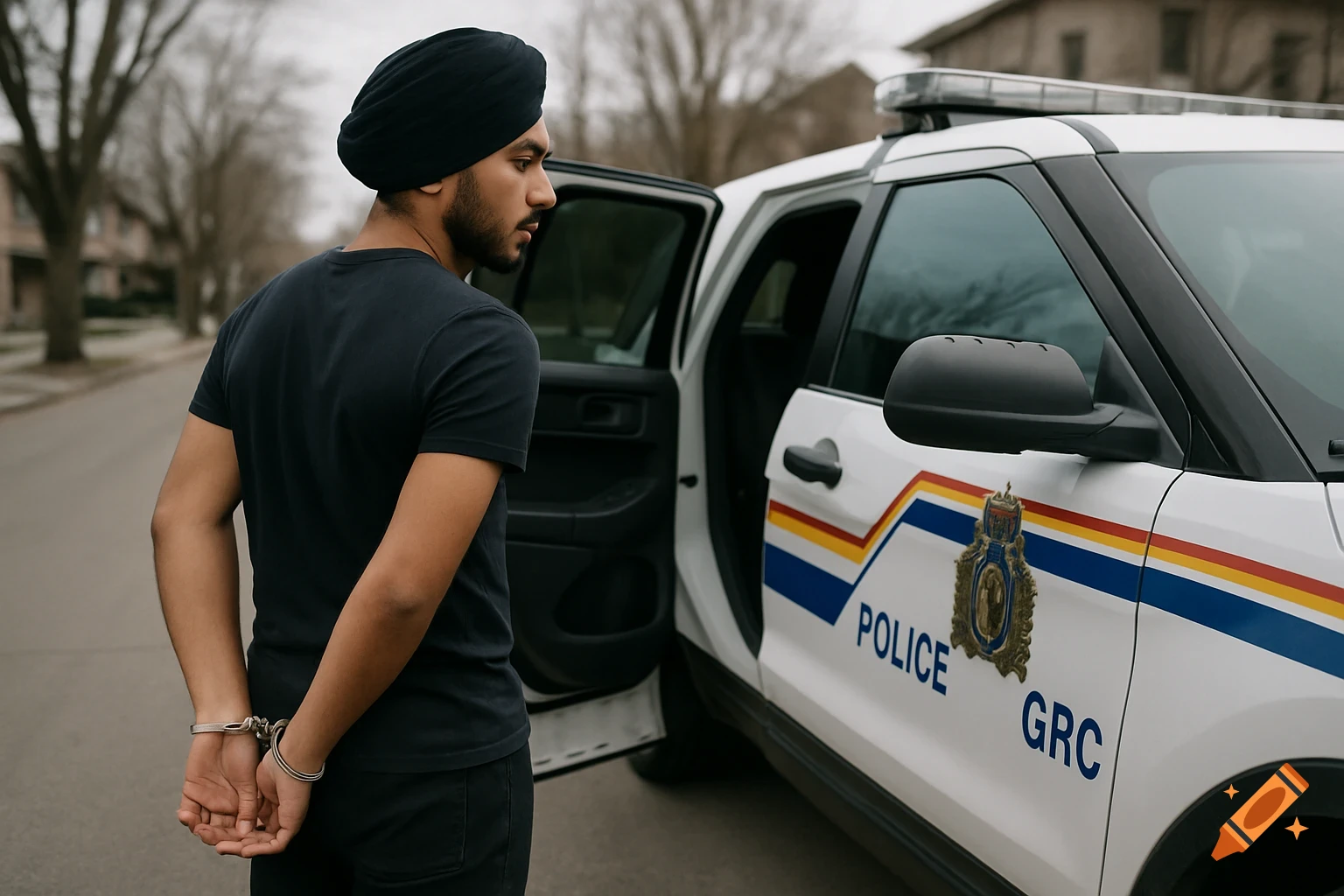 A realistic photo of a Sikh man in handcuffs standing beside an open police car on a street.