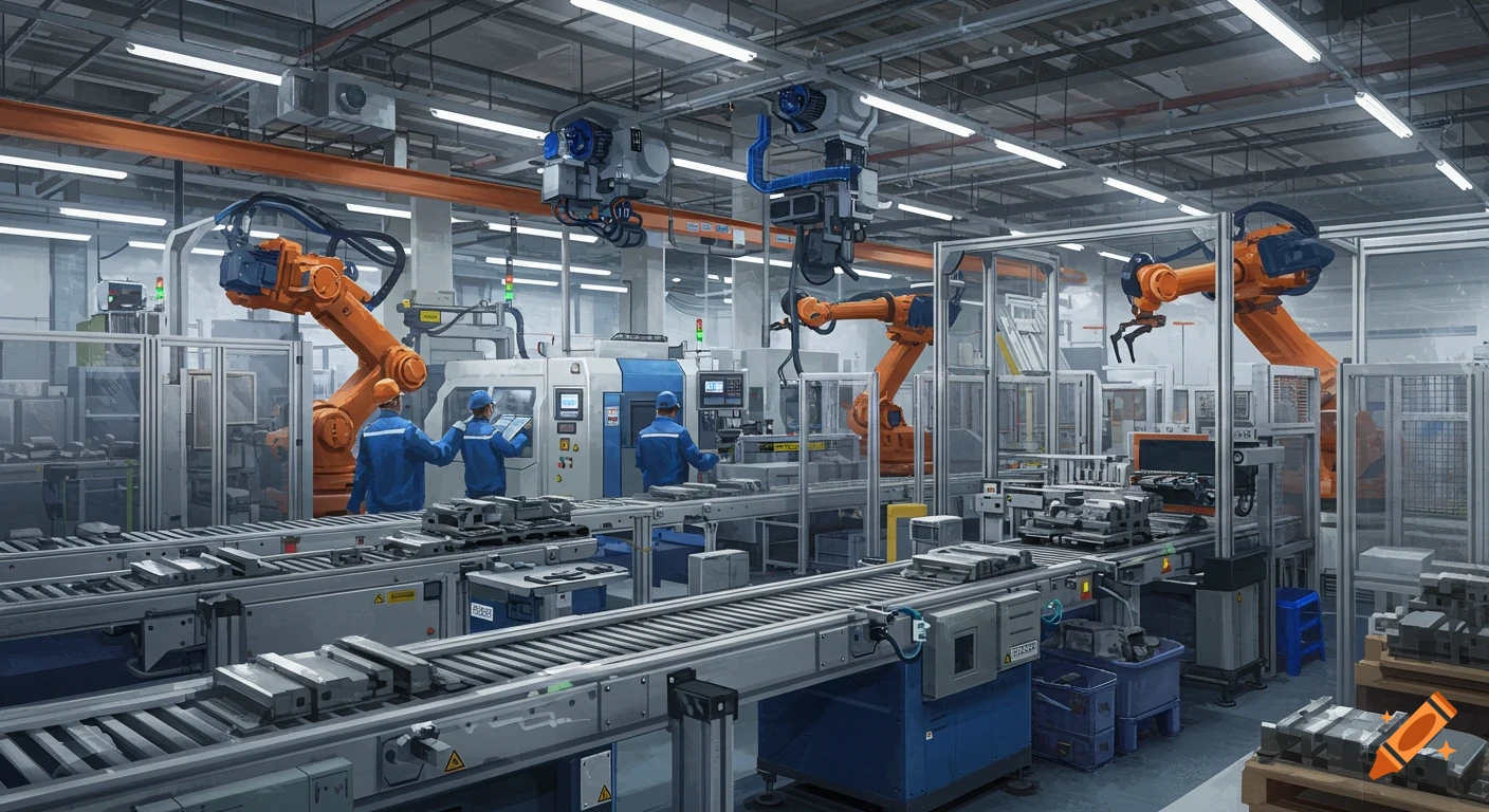 A photorealistic image of a modern factory production line with orange robotic arms, conveyor belts, and workers.