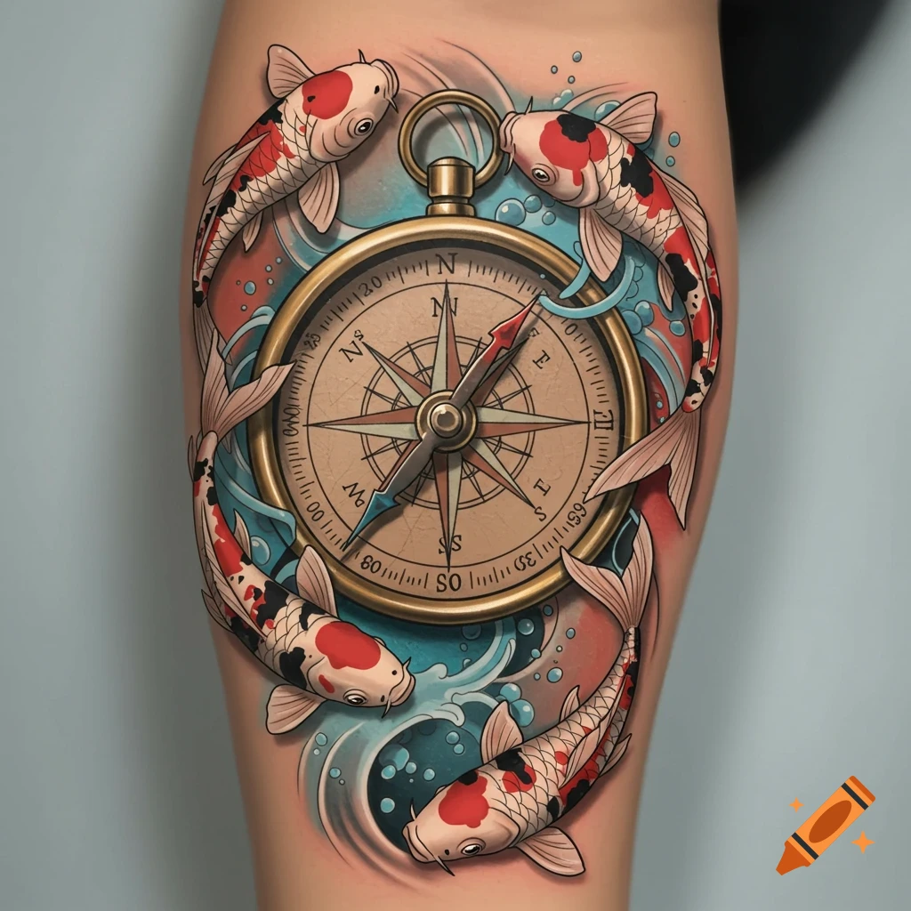 Detailed tattoo of a vintage brass compass surrounded by four vibrant koi fish, on skin.