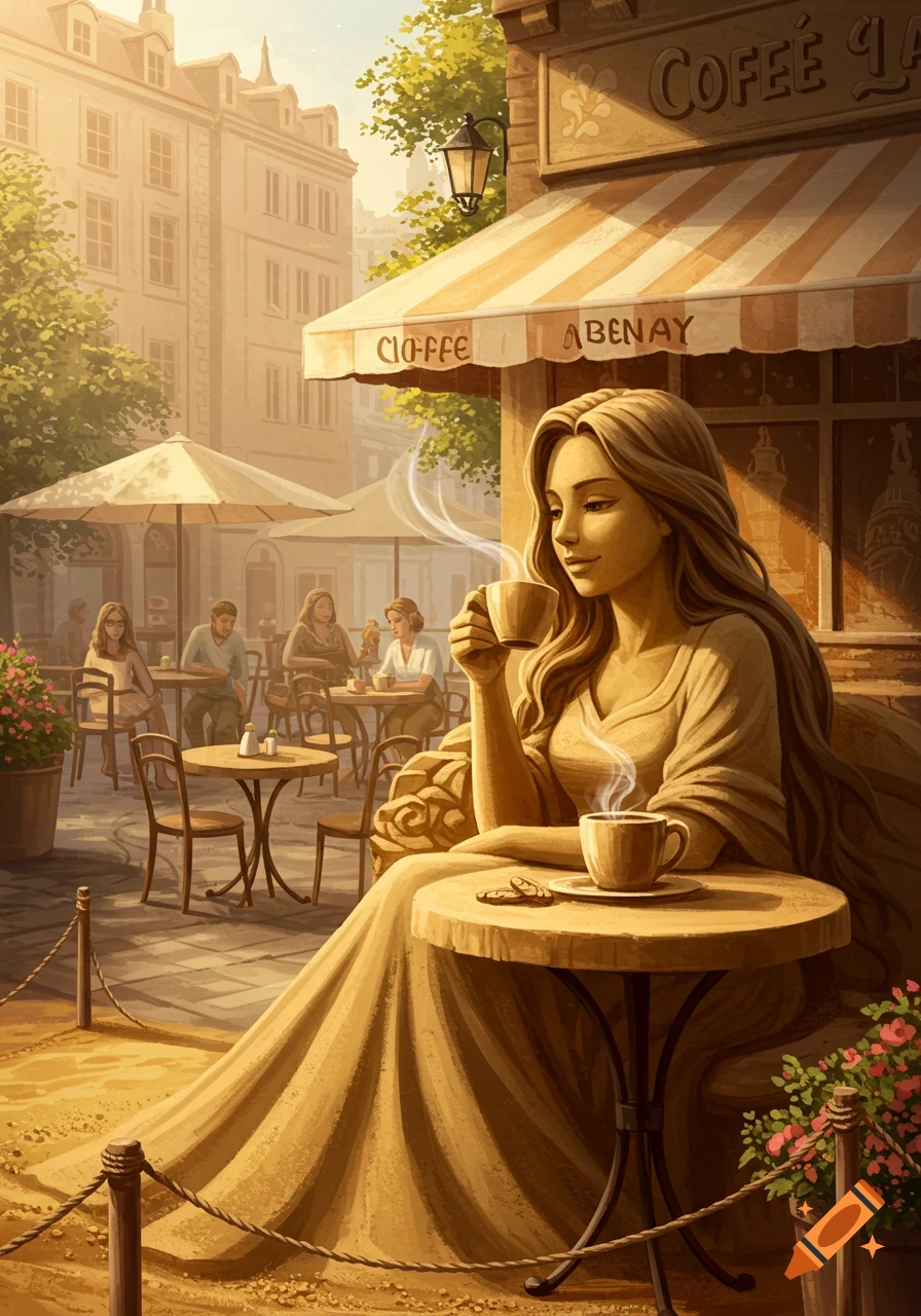 A sand sculpture of a woman sips coffee at an outdoor cafe with other patrons in a warm, illustrative style.