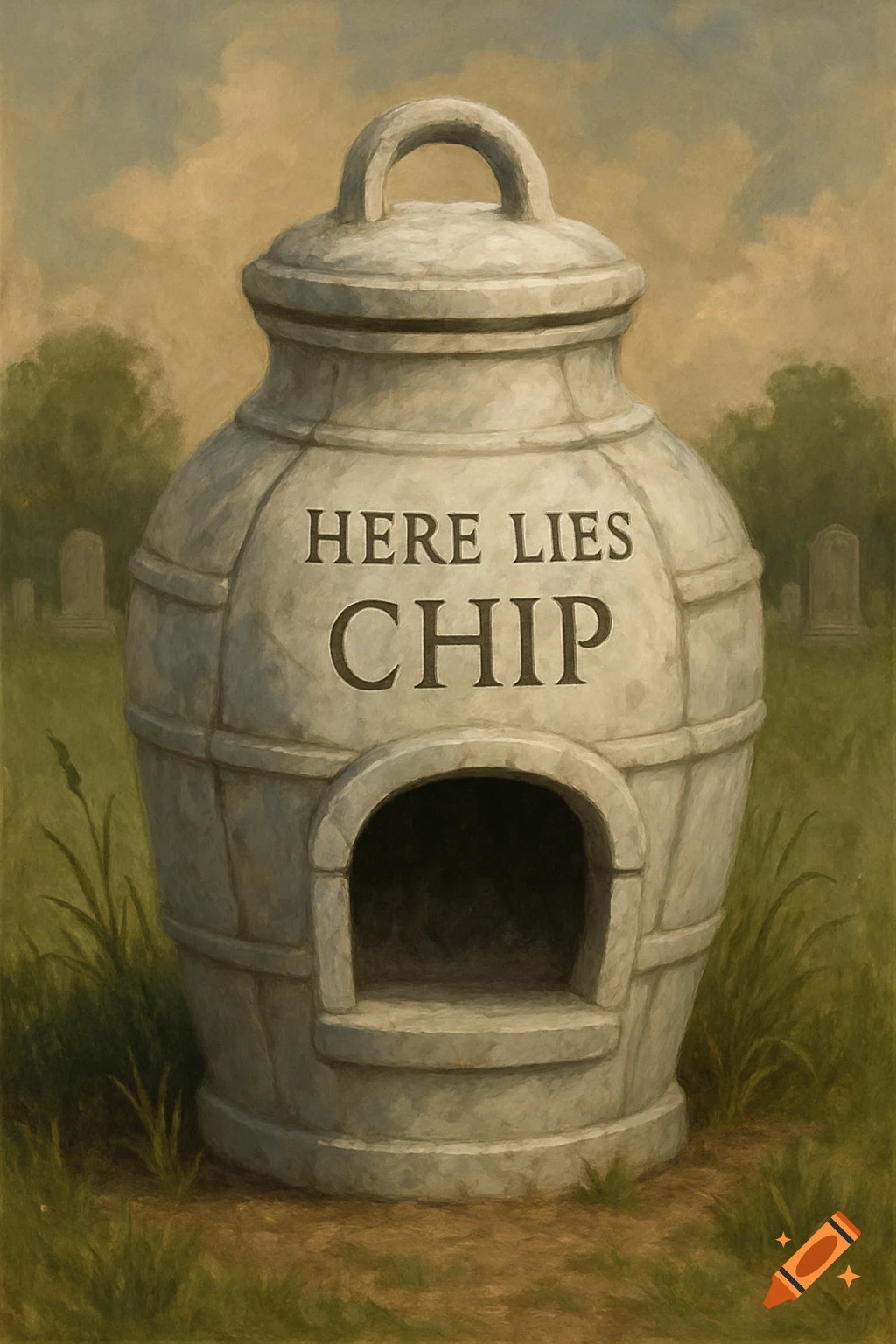 A stone urn-shaped headstone reading "HERE LIES CHIP" in a grassy graveyard, painted in an artistic style.